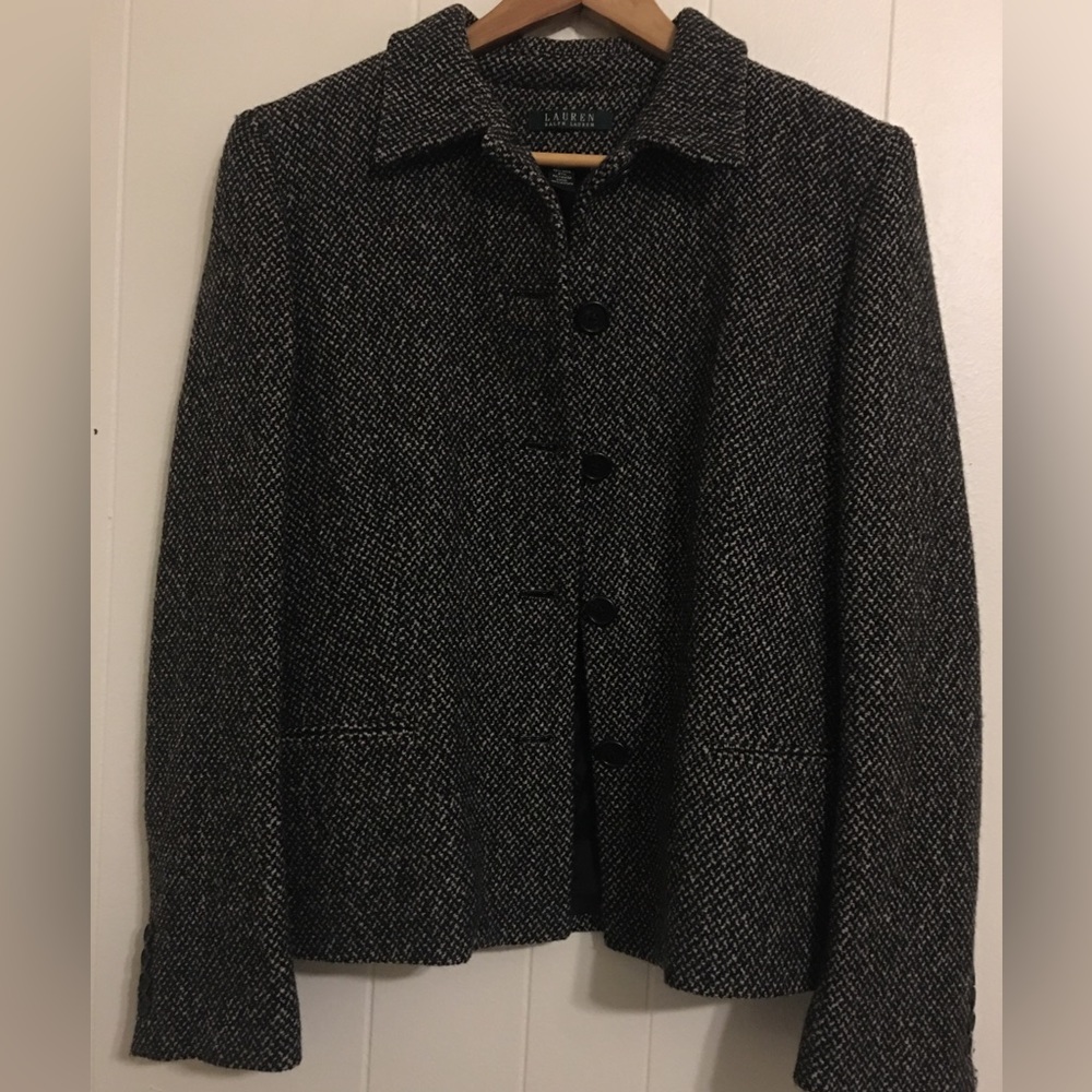 Ralph Lauren Black Tweed Wool Blend Cropped Blazer Size 12